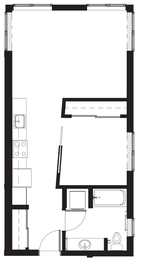 a small floor plan of a room with a bedroom and a bathroom and a kitchen